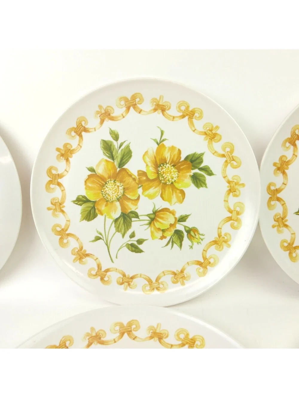 Vintage Melamine Dinner Plates Lot of 8 Yellow & Green Floral Flower Mid Century